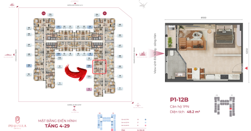 Căn hộ Peninsula 1PN 48,2m² – Tầng cao 29 view vịnh biển vĩnh cửu